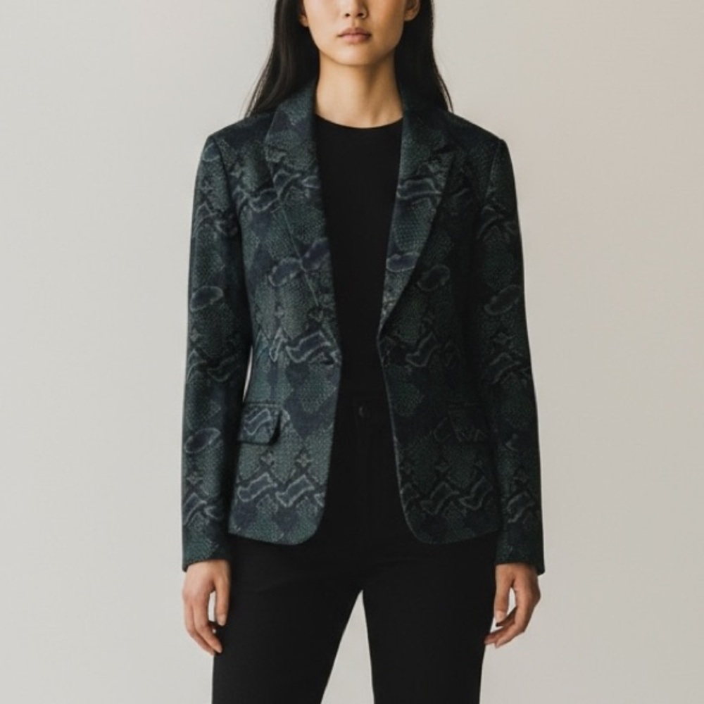 Pure Amici Snake Print Tailored Blazer Jacket Notched Lapel Blue Green Black S